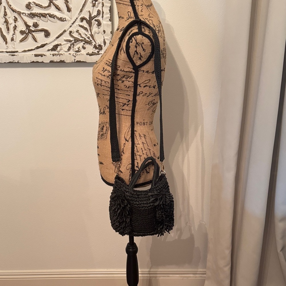 Black Woven Fringe Straw Handbag with Shoulder Strap